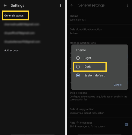 Click on the General Settings option select Theme and switch to Dark or Light