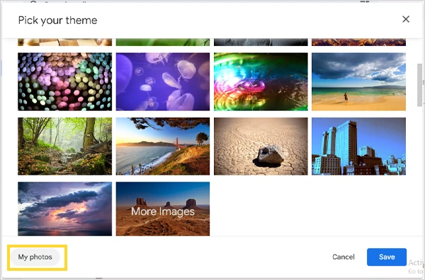 Move to the My Photos section in the Pick Your Theme panel
