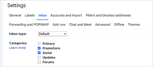 Inbox tab settings