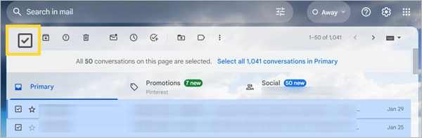 Tick mark the Select Check Box to select all the emails displayed on the Inbox page