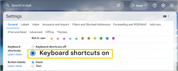 Turn on the keyboard shortcuts option