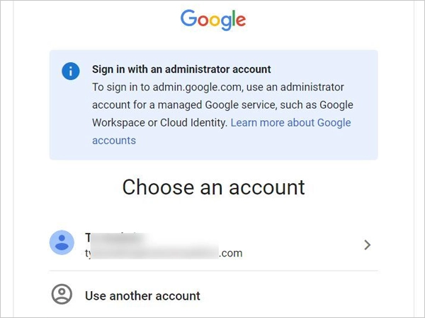 Sign in page of Google Admin Console