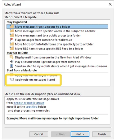 Select Apply rule on messages I send