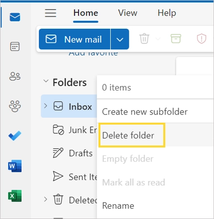 Select Delete Folder from the menu